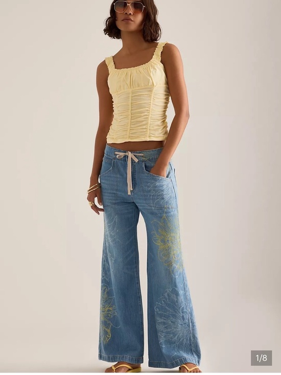 Pilcro Denim - Pilcro Wide-Leg Jeans in Light Blue with Yellow Floral Accents